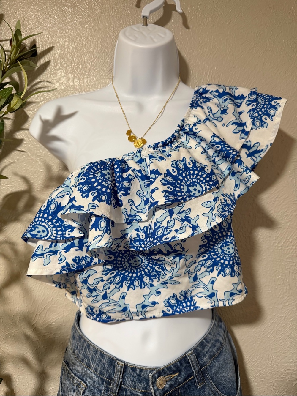 SHEIN Blue & White One-Shoulder Ruffle Crop Top